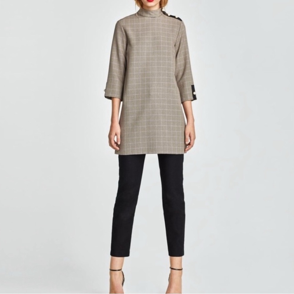 Zara Basic s Inspired Mod Plaid Mini Dress with Pearl Details